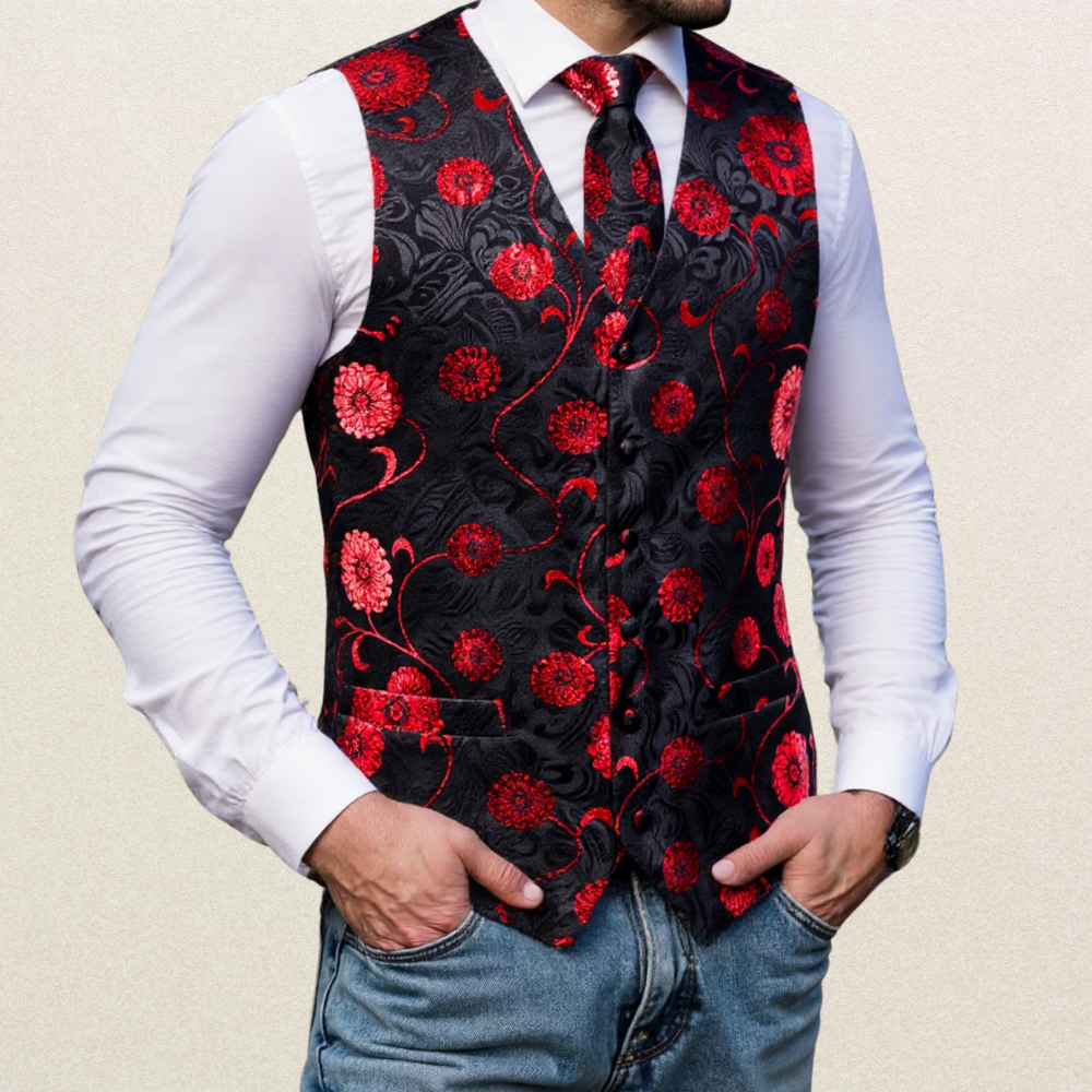 Mens Formal Vest Burgundy Wine Black Paisley Men's Vest Longtie