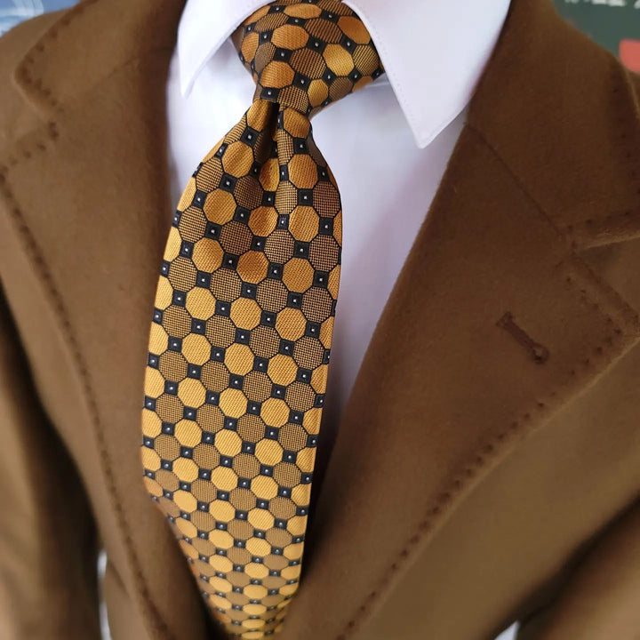 Golden Plaid Silk mens designer ties for white shirt and brown mens suit
