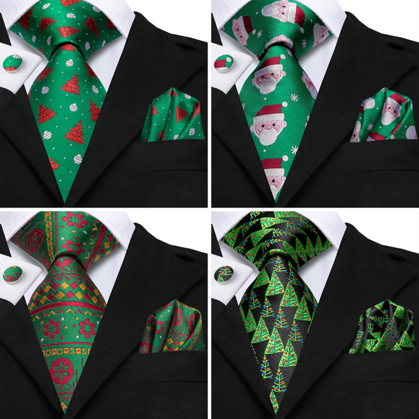 2023 4PCS Ties2you Green Christmas Necktie Cufflinks Hanky Set