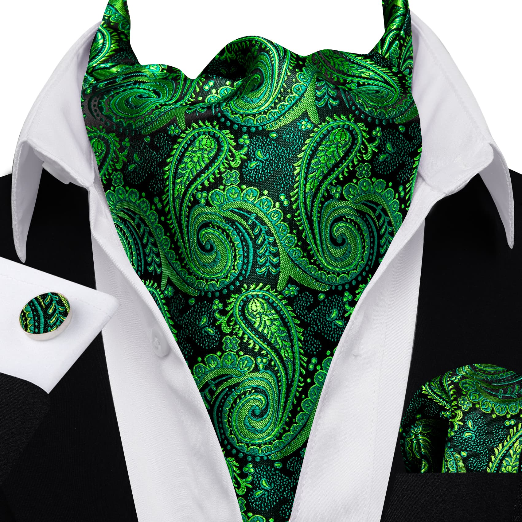 Ties2you Ascot Tie Emerald Green Paisley Silk Mens Cravat Tie Set
