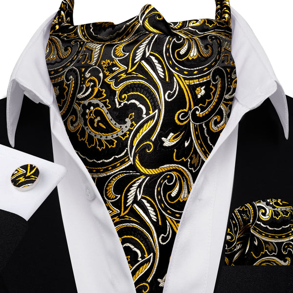 Black Gold Floral Silk Men's Ascot Cravat tie and pocket square cufflinks set for suit dress
