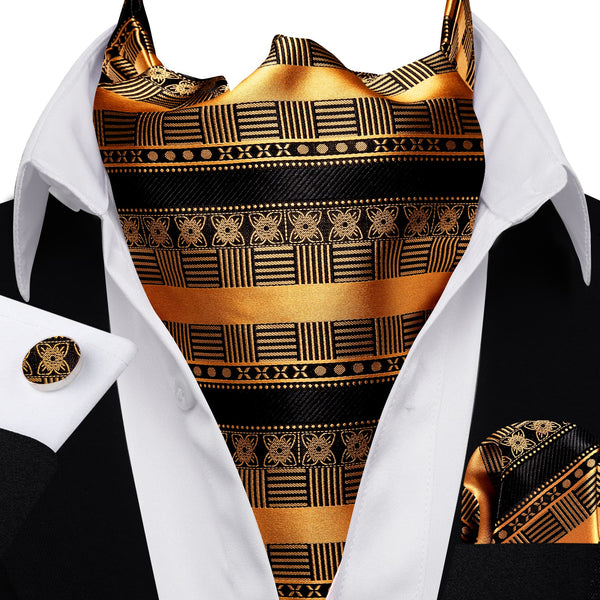 novelty floral plaid gold black silk asoct tie handkerchief cufflinks set for wedding
