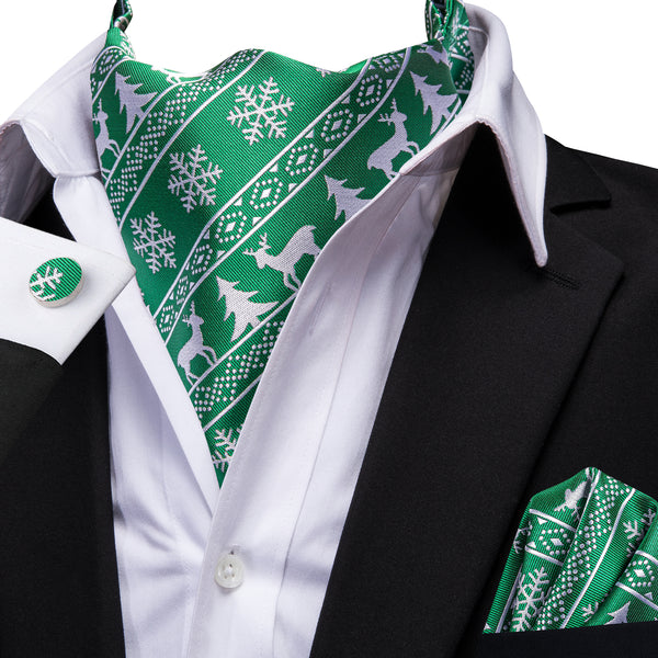 Christmas Green White Novelty Silk Ascot Pocket Square Cufflinks Set