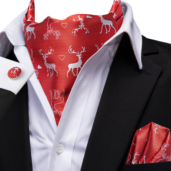Red Christmas White Deer Novelty Silk Ascot Pocket Square Cufflinks Set