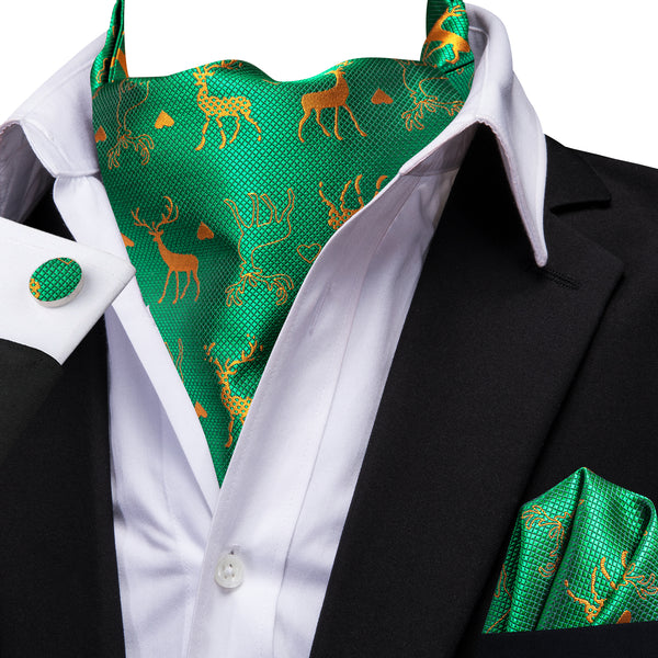 Green Golden Christmas Deer Novelty Silk Ascot Pocket Square Cufflinks Set