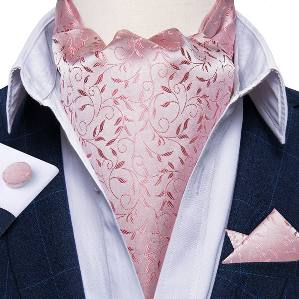 Pink Floral Leaf Silk Ascot Pocket Square Cufflinks Set
