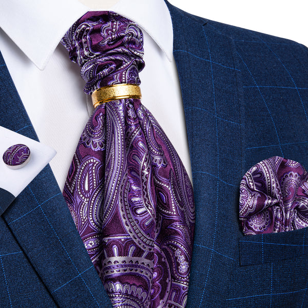 Purple Paisley Ascot Pocket Square Cufflinks Set with Tie Ring