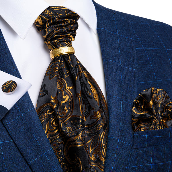 Golden Black Paisley Ascot Pocket Square Cufflinks Set with Tie Ring