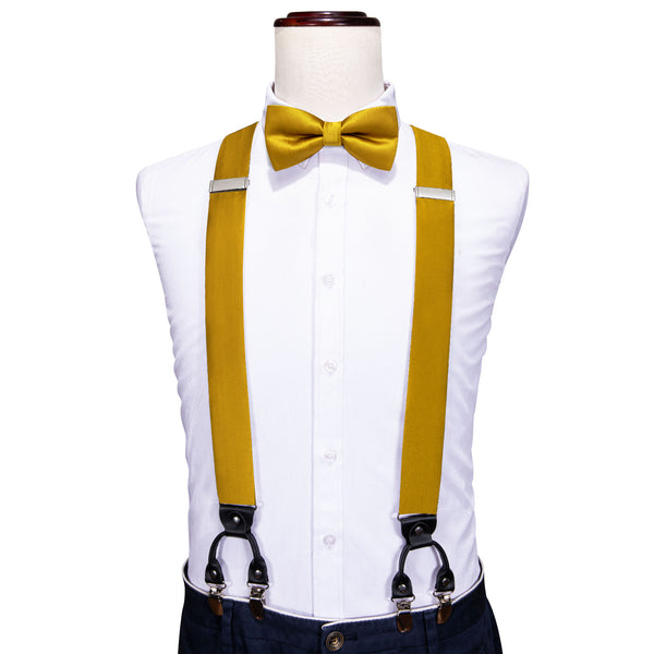 Golden Yellow Solid Y Back Brace Clip-on Men's Suspender with Bow Tie Set