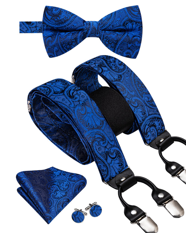 Navy Blue Paisley Y Back Brace Clip-on Men's Suspender with Bow Tie Set