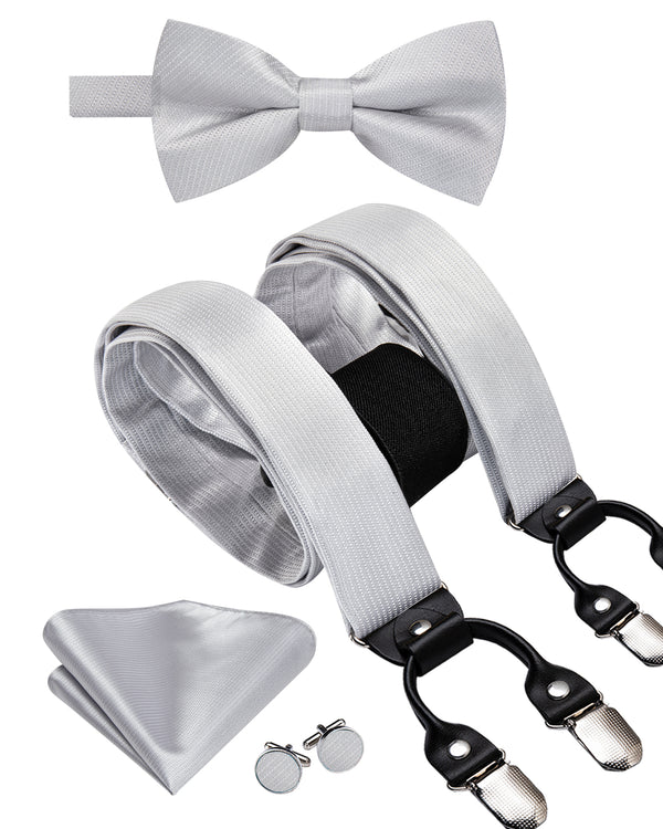 Sliver Solid Y Back Brace Clip-on Men's Suspender with Bow Tie Set
