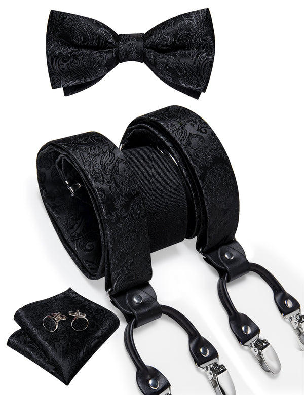 Black Paisley Y Back Brace Clip-on Men's Suspender with Bow Tie Set