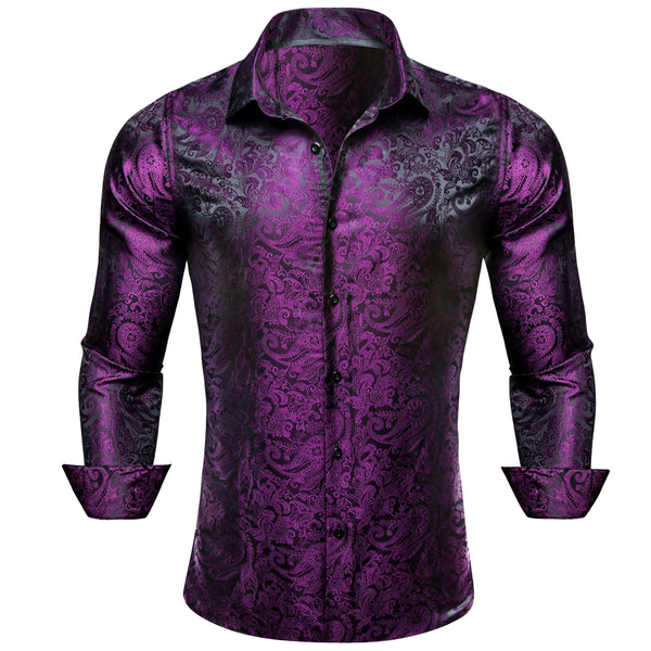 Deep purple paisley floral silk mens shirts