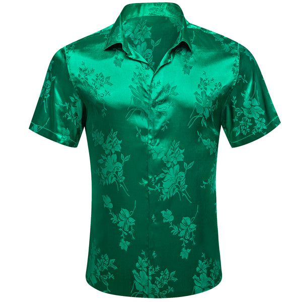 Ties2you Floral Shirt Emerald Green Satin Silk Men's Short Sleeve Shirt
