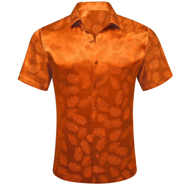 Ties2you Button Down Shirt Orange Floral Leaf Silk Short Sleeve Shirt for Men