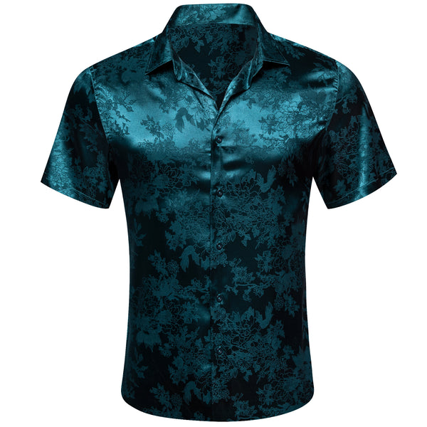 Nile Blue Floral Leaf Silk Men's Short Sleeve Shirt