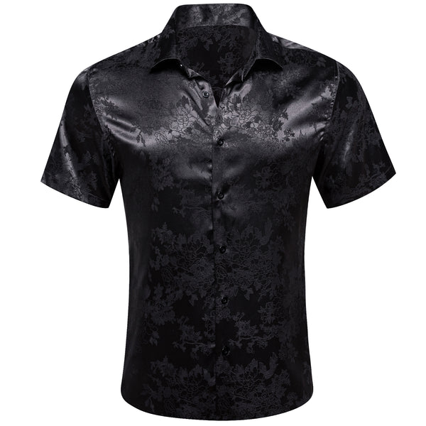 Black Floral Silk Men Short Sleeve Shirt
