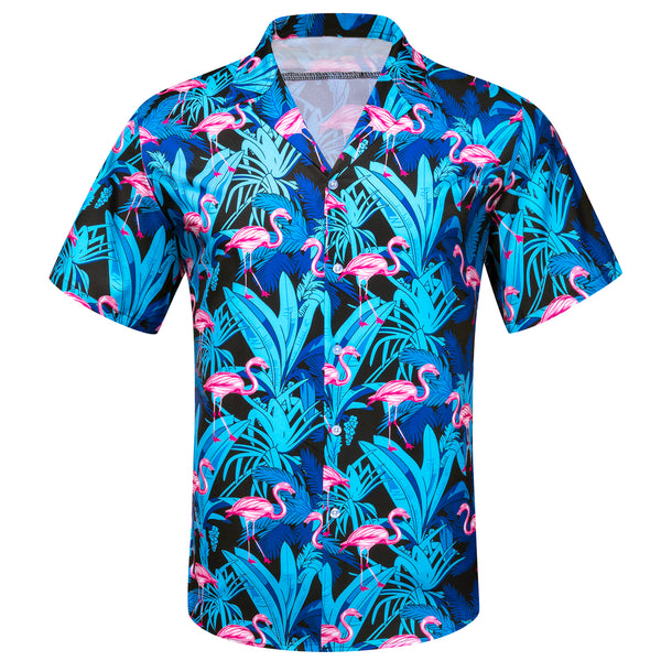 Ties2you Button Down Shirt Blue Pink Flamingo Novelty Men's Short Sleeve Summer Shirt