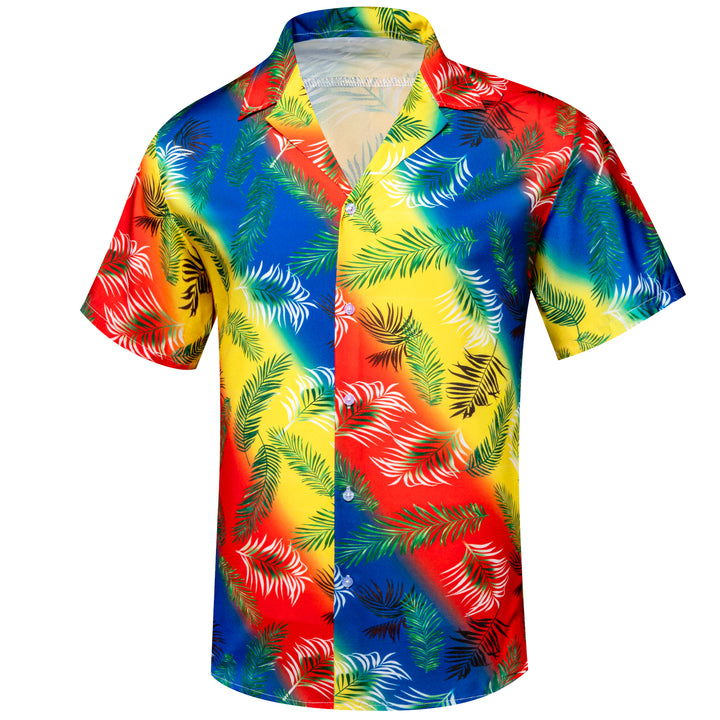 Summer beach vacation style short-sleeved red, yellow and blue coconut leaves mens button down short sleeve casual shirt
