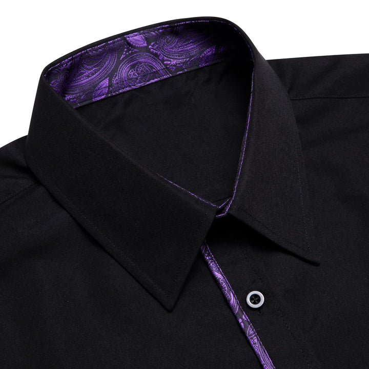 Button Down Shirt Black Solid Purple Splicing Mens Silk Shirt