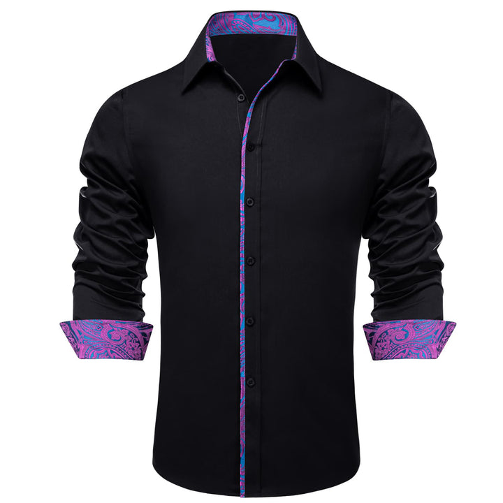  Button Down Shirt Black Solid Purple Blue Splicing Mens Silk Shirt