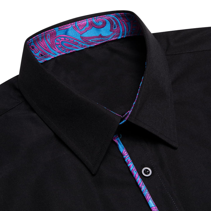  Button Down Shirt Black Solid Purple Blue Splicing Mens Silk Shirt