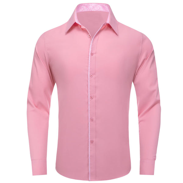 Button Down Shirt Light Pink Solid Splicing Mens Silk Shirt