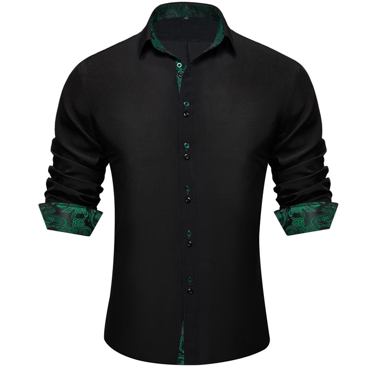Black Solid Green Paisley Splicing Silk Long Sleeve Shirt
