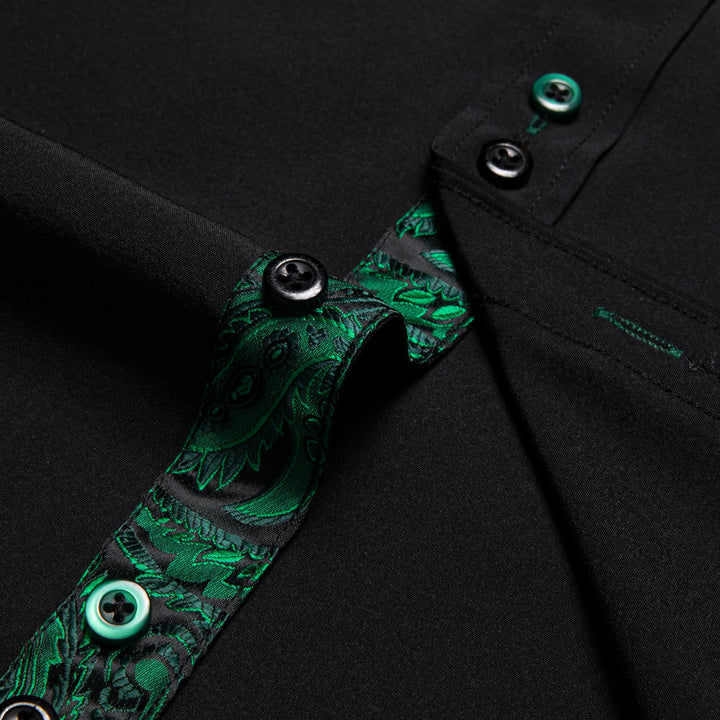Black Solid Green Paisley Splicing Silk Long Sleeve Shirt