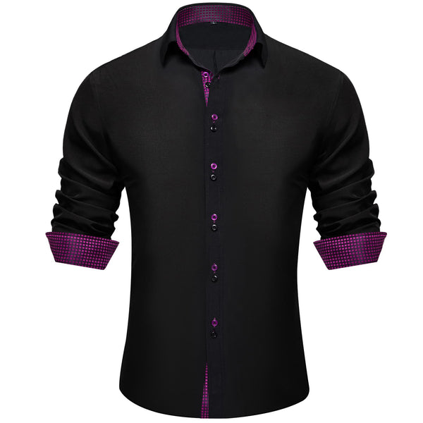 Black Solid Purple Plaid Splicing Silk Long Sleeve Shirt