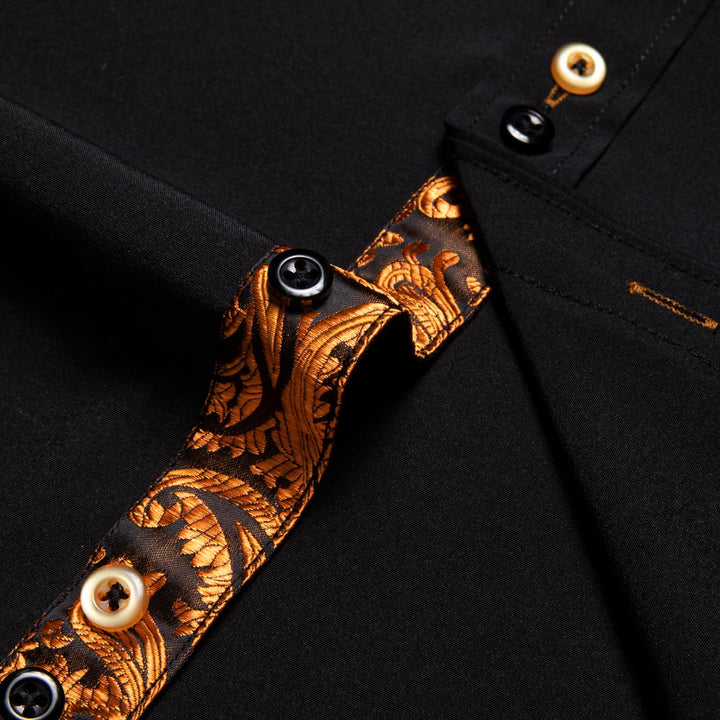  Black Solid Orange Splicing Silk Long Sleeve Shirt