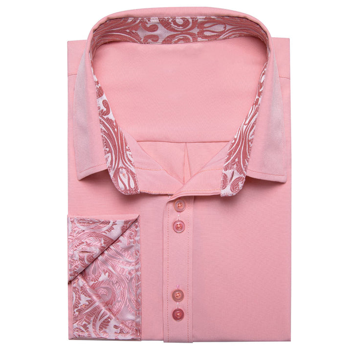 Light Pink Solid Splicing Silk Button Down Shirt