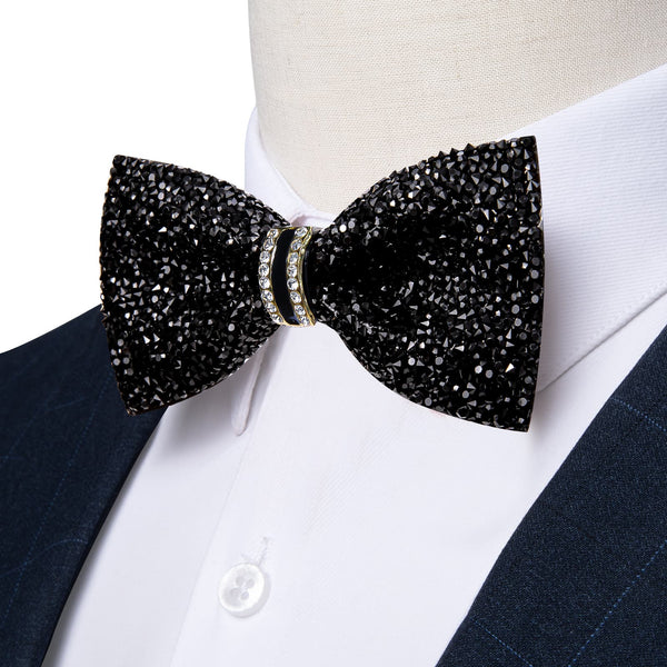 Luxurious Exquisite Classic Black Imitated Crystal Rhinestone Party Dress Suit Bow Ties -Pre Tied Sequin Adjustable Length Bowties for Mens