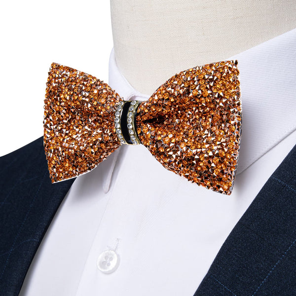 Luxurious Exquisite Golden Imitated Crystal Rhinestone Bow Ties -Pre Tied Sequin Adjustable Length Bowties for Mens Wedding Party Dress Suit