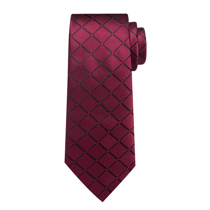 Burgundy Red plaid silk mens Tuxedo Dress suit ties pocket square cufflinks set