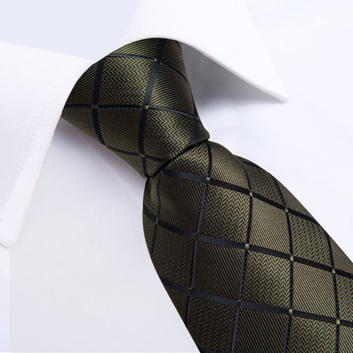 Olive green plaid silk mens suit dress ties pocket square cufflinks set