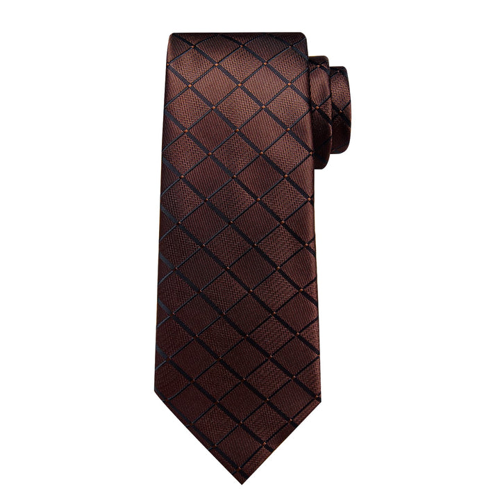 Formal Ties Deep Brown Plaid Silk Mens Tie Handkerchief Cufflinks Set for Tuxedo Dress