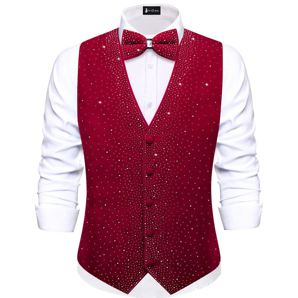 Ties2you Red Solid With Rhinestone Velvet V-Neck Vest Necktie Set ties2you Ties2you Red Solid With Rhinestone Velvet V-Neck Vest Necktie Set ties2you