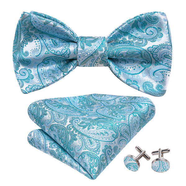 Pale Blue Paisley Self-tied Bow Tie Hanky Cufflinks Set