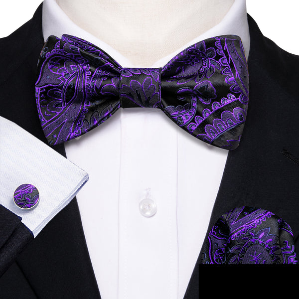 Black Purple Paisley Self-tied Bow Tie Hanky Cufflinks Set