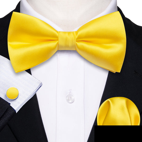 Lemon Yellow Solid Men's Pre-tied Bowtie Pocket Square Cufflinks Set
