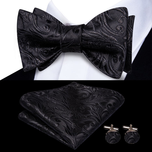 classic black floral silk self bow tie men