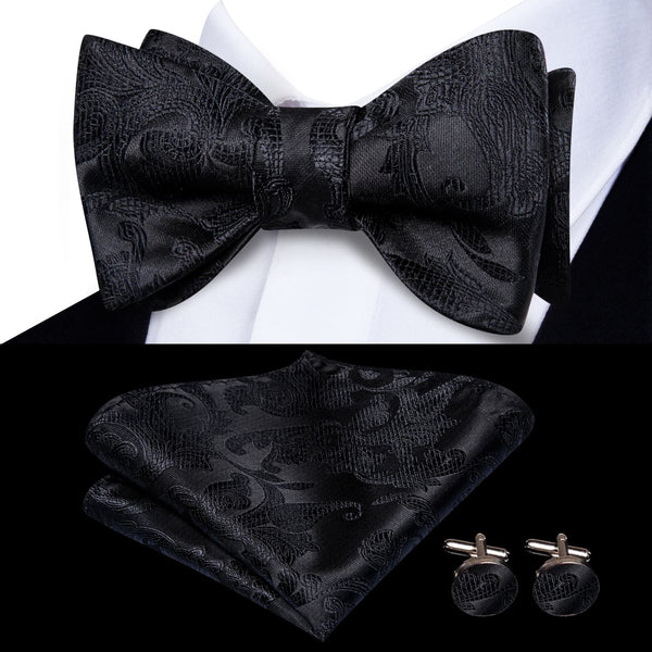 classic business black paisley bow tie handkerchief cufflinks set for suit dress