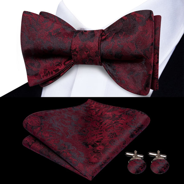 silk mens floral red bow tie handkerchief cufflinks set for wedding