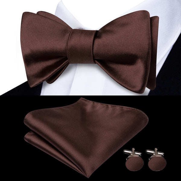 deep brown solid color business silk mens self tie bow tie pocket square cufflinks set for suit dress
