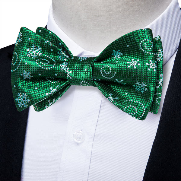 Christmas Green White Snowflake Self-tied Bow Tie Pocket Square Cufflinks Set
