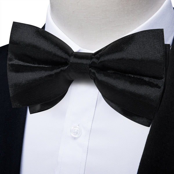 Dark Black Bow Tie for Men Solid Pre-tied Bow Tie Hanky Cufflinks Set