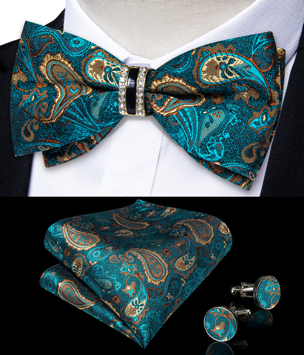 Blue Yellow Paisley Silk Luxury Pre-tied Ring Bow Tie Hanky Cufflinks Set