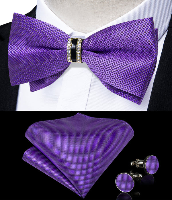 Purple Solid Plaid Silk Luxury Pre-tied Ring Bow Tie Hanky Cufflinks Set