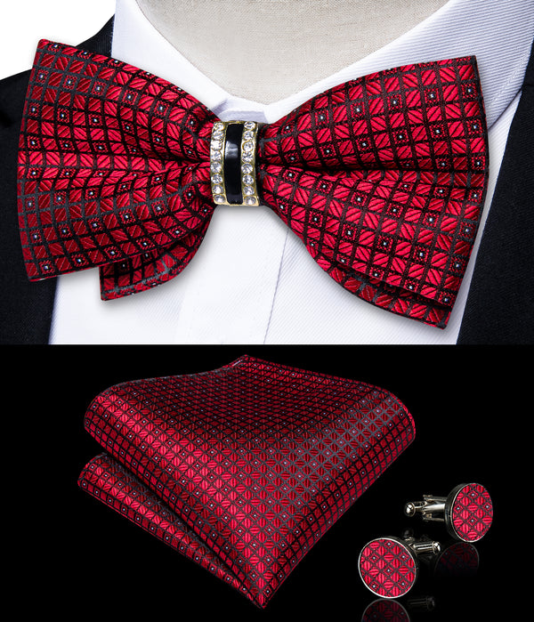Black Red Plaid Silk Luxury Pre-tied Ring Bow Tie Hanky Cufflinks Set
